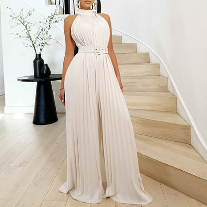 Solid Color Sleeveless Sexy Wide-leg Pleated Wide-leg Jumpsuit