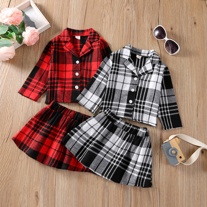 Girls' Long Sleeve Plaid Skirt Two Piece Set