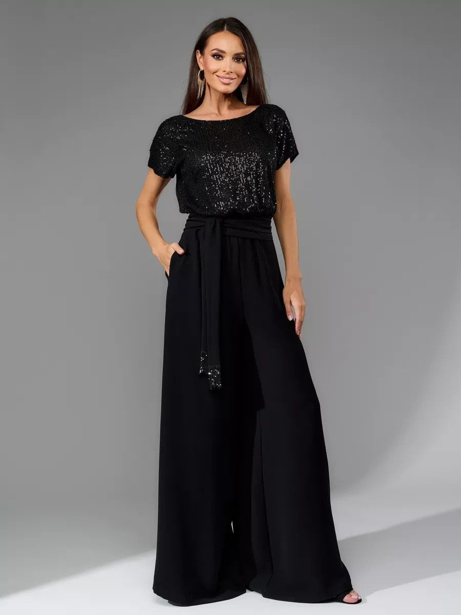 European And American One-piece Sequin Fashion Short Sleeve Casual Jumpsuit Trousers