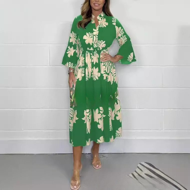 Elegant Printed Stand-up Collar Cinched Long Sleeve Dress