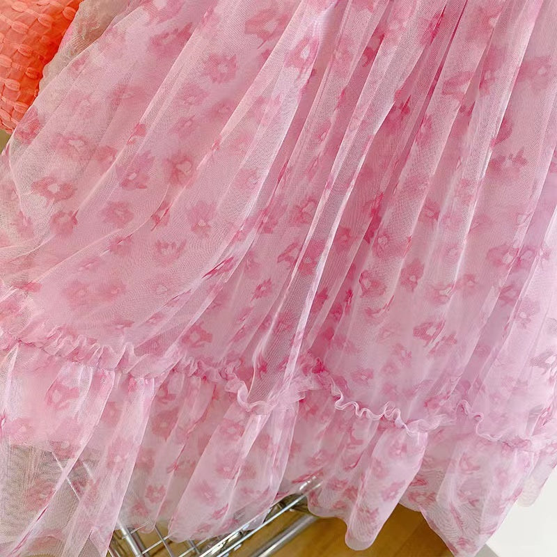 Western Style Short Sleeve Flower Mesh Fairy Dress