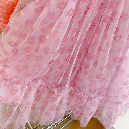 Western Style Short Sleeve Flower Mesh Fairy Dress