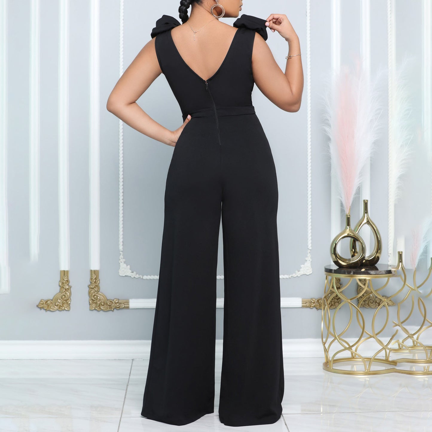 New Fashion V-neck Solid Color Turtleneck Sleeveless Fitted Waist Jumpsuit