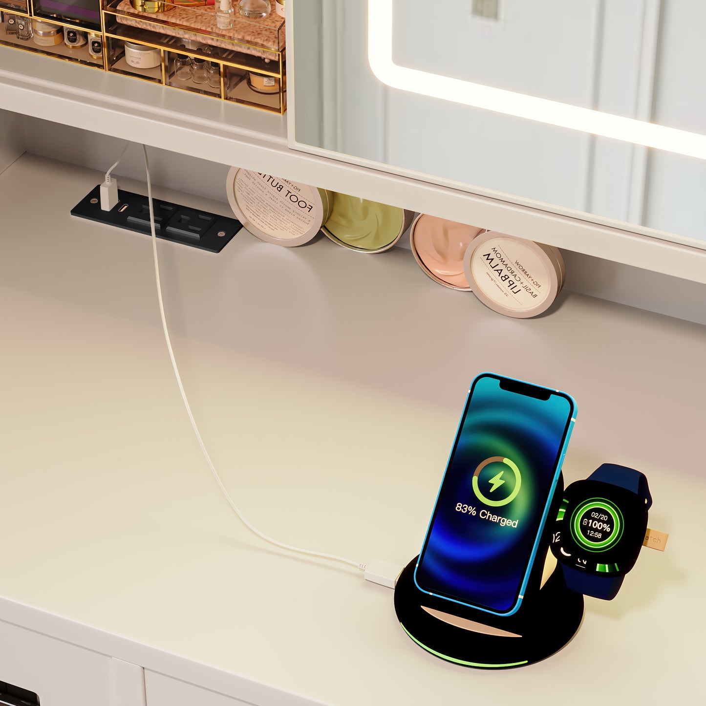 41.3 Makeup Vanity With Sliding Mirror And LED Lights, Dressing Table With  Storage Stool, 3 Drawers And 2 RGB Cabinets, Vanity Desk With Open Shelves And Charging Station, White