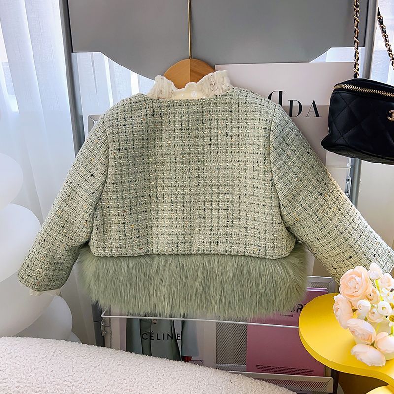 Winter New Girls' Fleece-lined Splicing Coat Shorts Two-piece Set