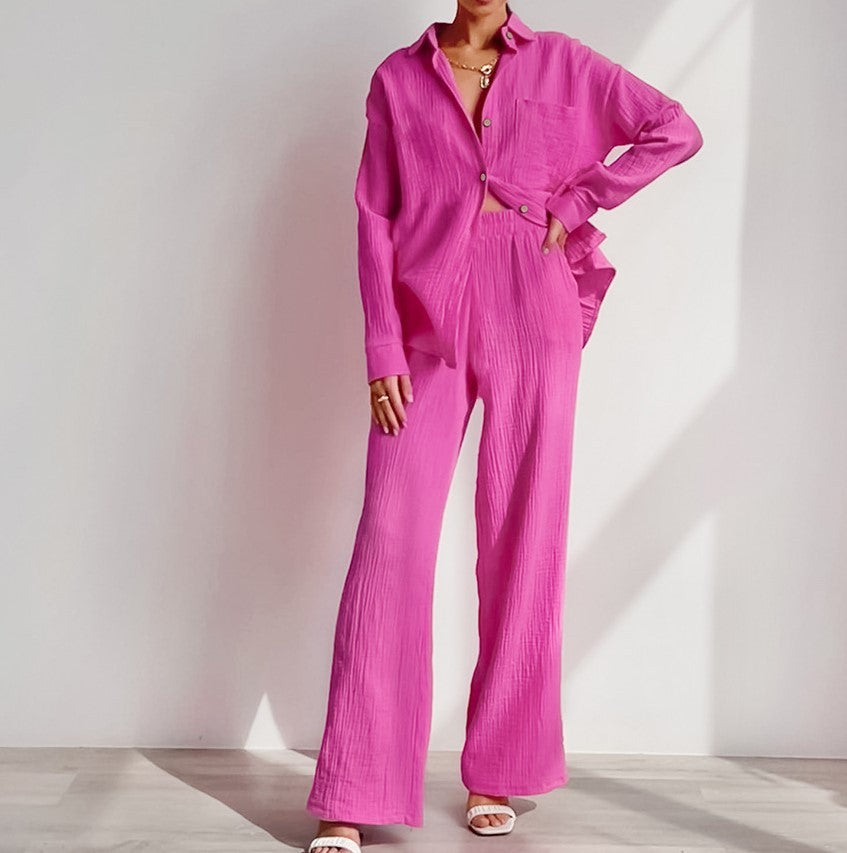Loose Elastic Wrinkle Long Sleeve Shirt Wide Leg Pants Casual Suit