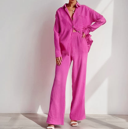 Loose Elastic Wrinkle Long Sleeve Shirt Wide Leg Pants Casual Suit