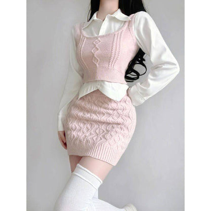 Niche Bandage Dress Sweater Vest Hot Girl Hip Skirt Autumn Suit Women