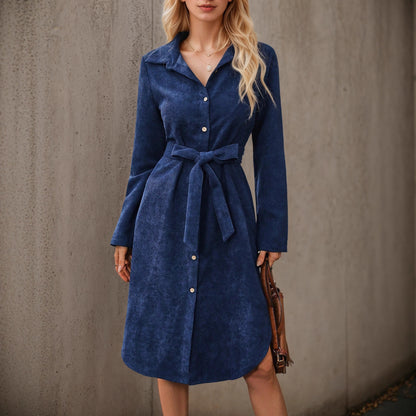 Front Button Belted Irregular Long Sleeve Corduroy Dress