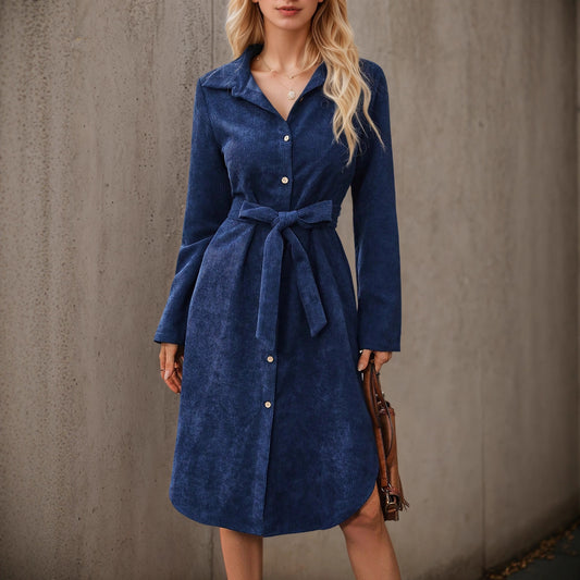 Front Button Belted Irregular Long Sleeve Corduroy Dress