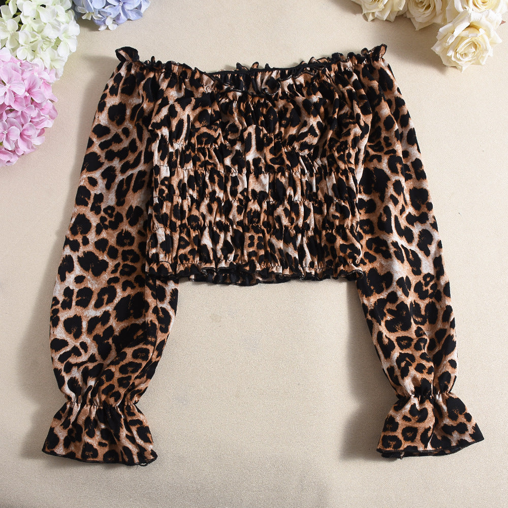 Autumn And Winter Show Navel Leopard Print Long Sleeved Short Skirt Two-piece Set