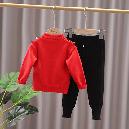 Girls Ruffled Suit Sweater Autumn And Winter Pullover Round Neck Children's Sweater