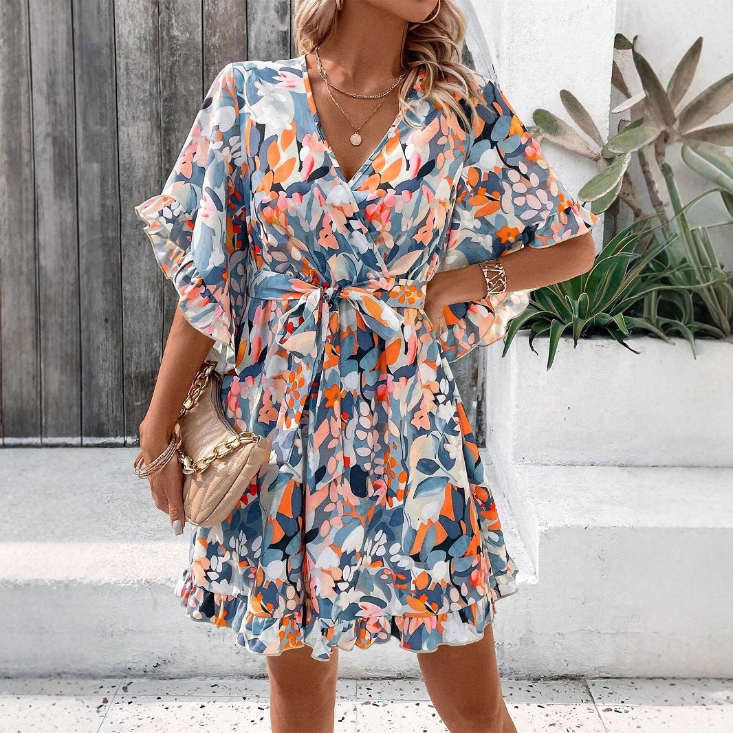 New Floral Print Short-sleeved Women's Dress