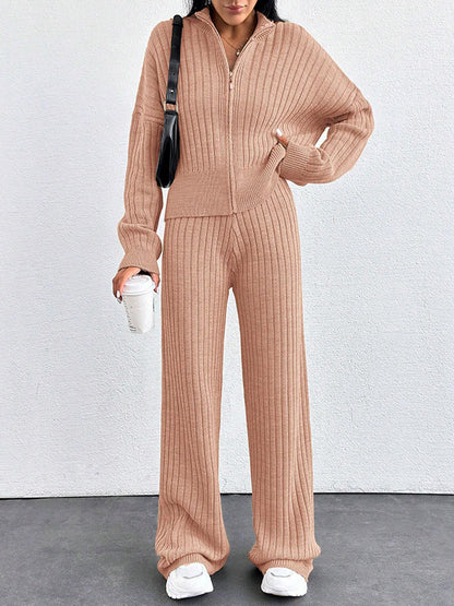 Autumn And Winter New European And American Women's Casual Loose Zip Top And Trousers Two-piece Set