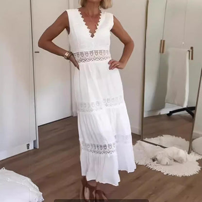 Fashion Lace V-neck Temperament Commute Lace Mid Waist Temperament V-neck Mid-length Dress