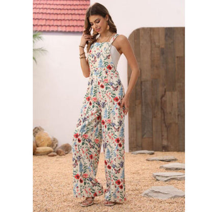 Cross-border Floral Print Button Wide Leg Jumpsuit Hot Sale In Stock