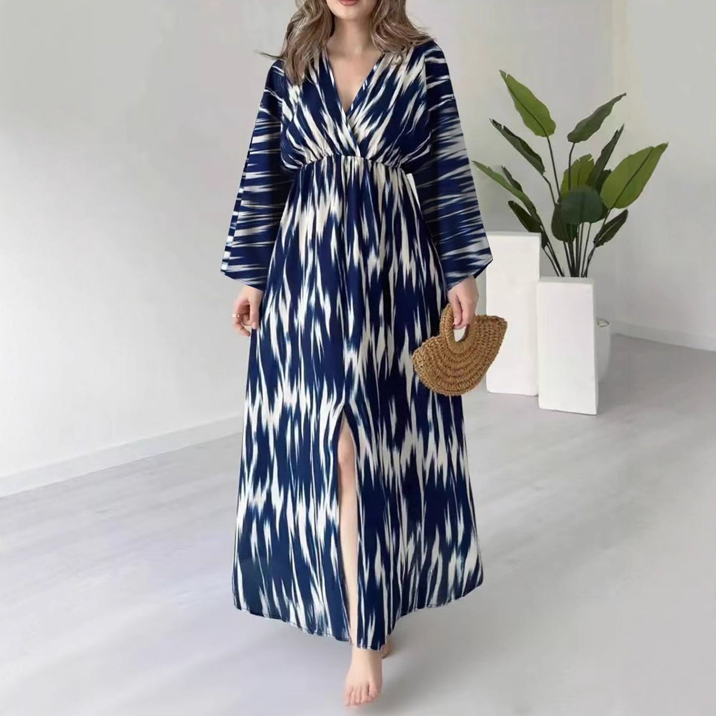 New Printed V-neck Slit Loose Long Sleeve Dress