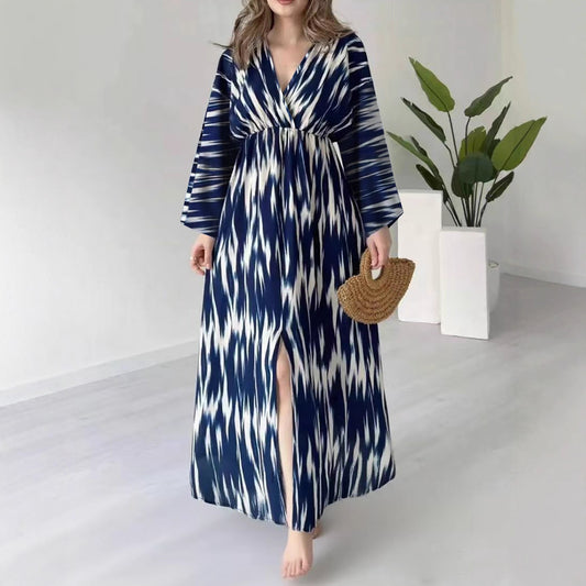 New Printed V-neck Slit Loose Long Sleeve Dress