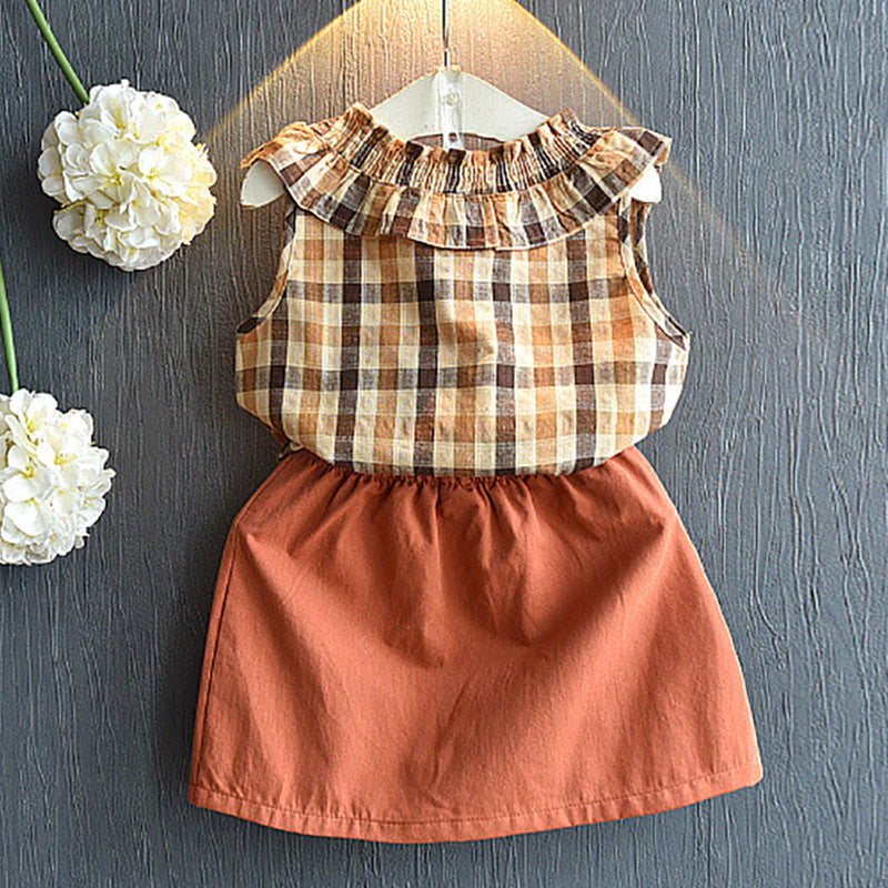 Two-piece plaid sleeveless brown skirt