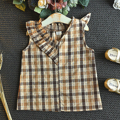 Two-piece plaid sleeveless brown skirt