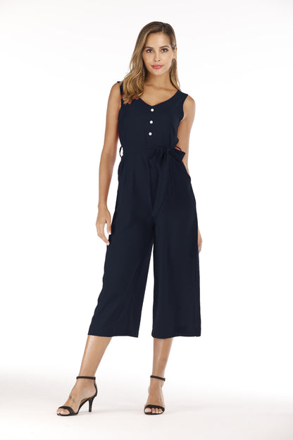 V-neck halter buttons with belt jumpsuit