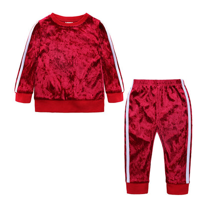 Children's Autumn Fashion Style Gold Diamond Velvet 2-piece Set