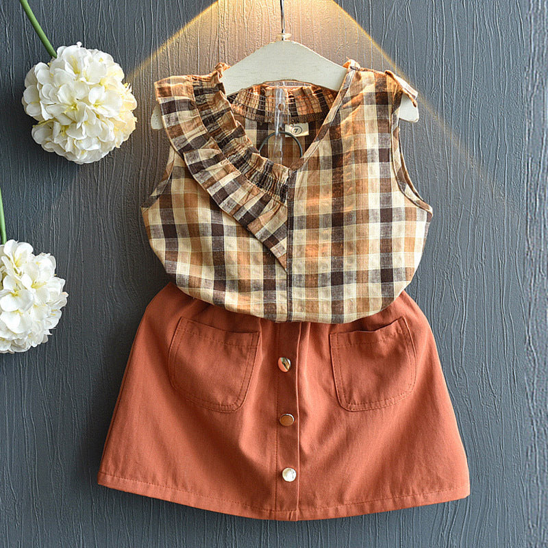 Two-piece plaid sleeveless brown skirt
