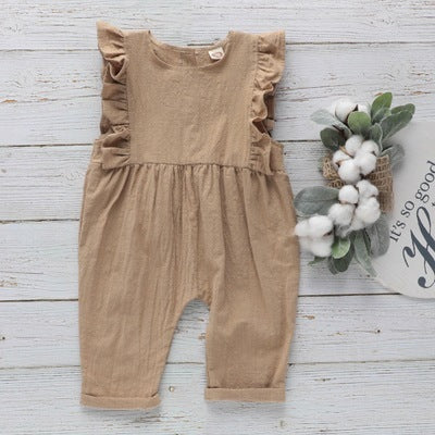 Girls' solid color cotton and linen jumpsuit