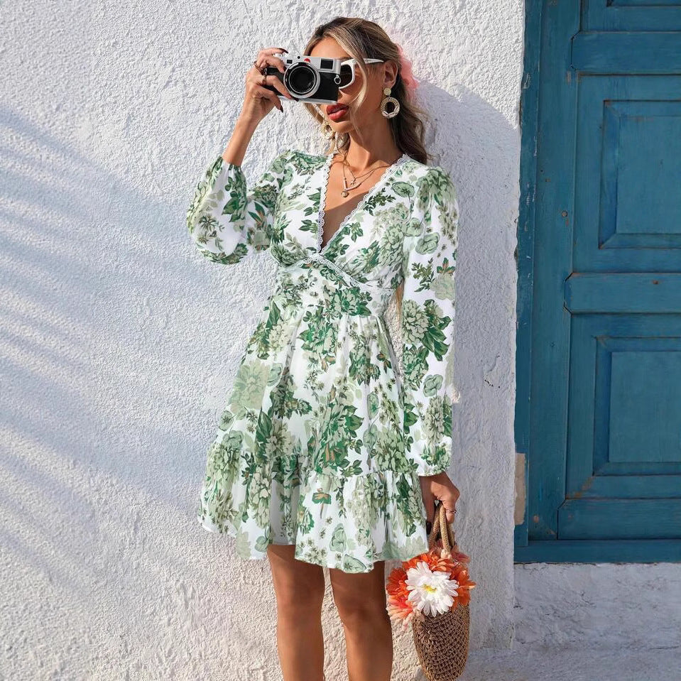 Lace V-neck Printed Leisure Vacation Long Sleeve Dress
