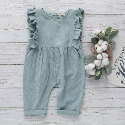 Girls' solid color cotton and linen jumpsuit