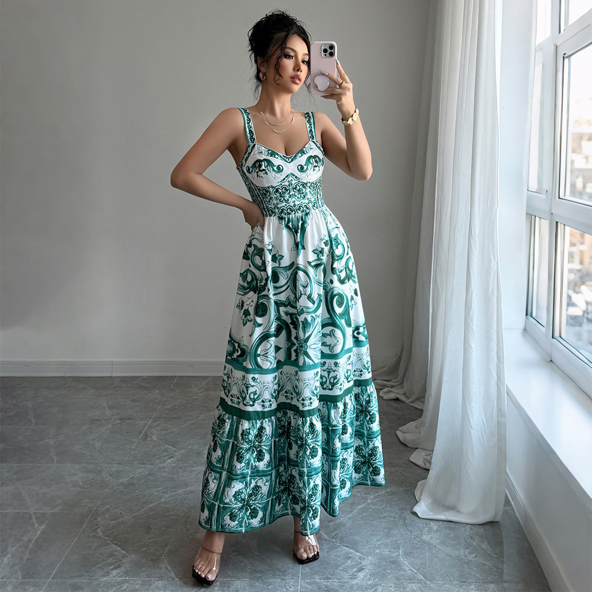 Green Printing Maxi Dress Women's Clothing
