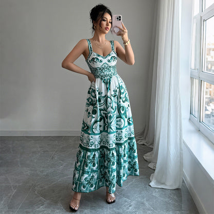 Green Printing Maxi Dress Women's Clothing