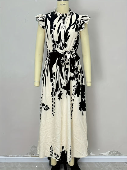 Ethnic Style Printed Small Stand-collar Button-front Long Dress