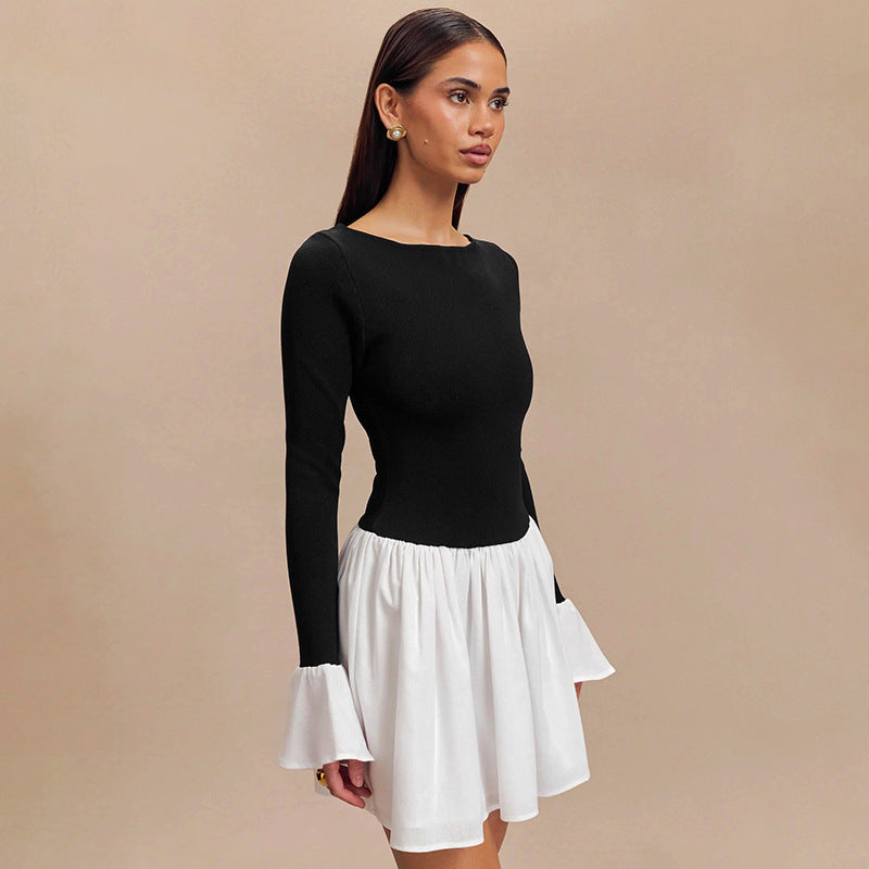 Fashion Color-block Round Neck Trumpet Sleeve Dress For Women