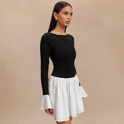 Fashion Color-block Round Neck Trumpet Sleeve Dress For Women