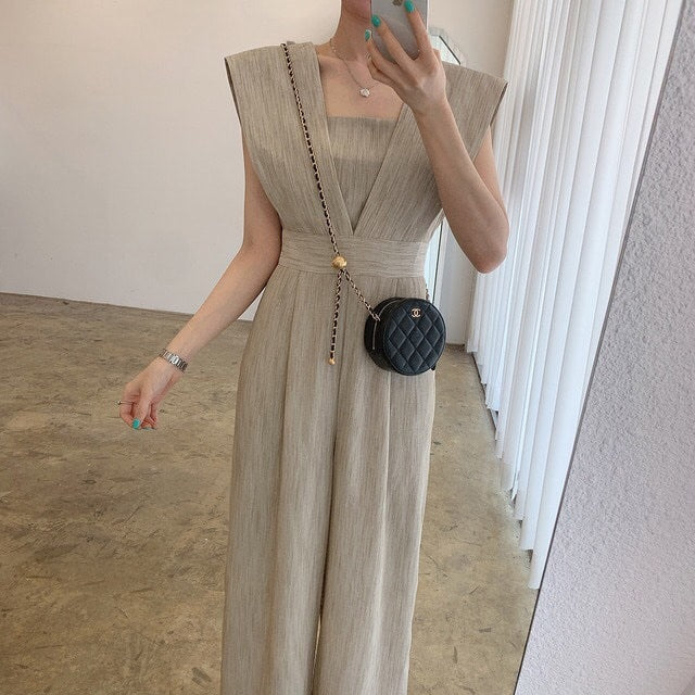 Women's Fashion Retro Temperament Square Collar High Waist Jumpsuit
