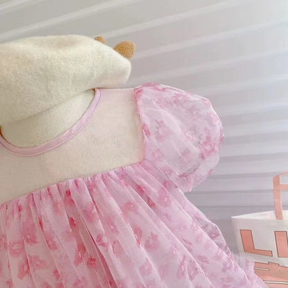 Western Style Short Sleeve Flower Mesh Fairy Dress