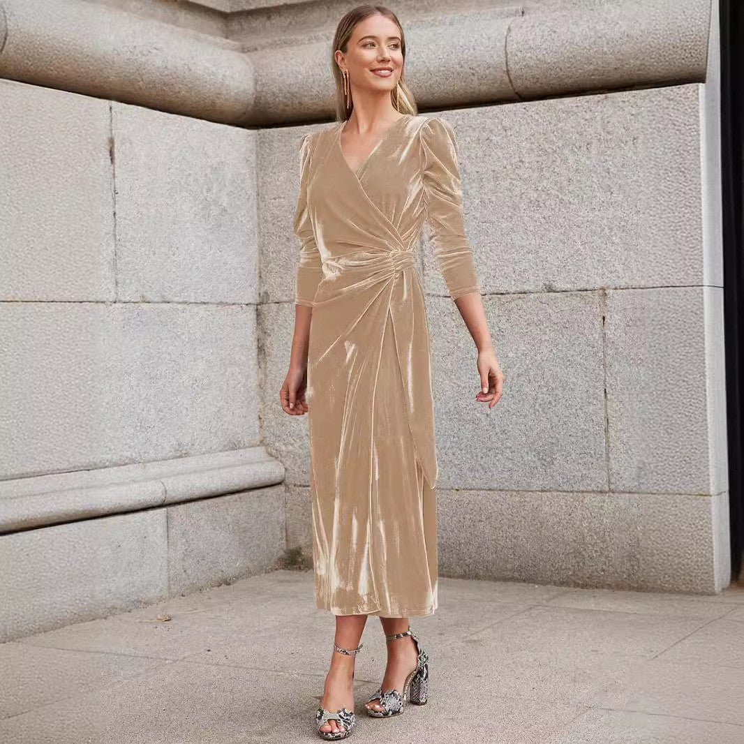 Polyester Women's Dress French Style V-neck Elegant Long Sleeve Evening Dress