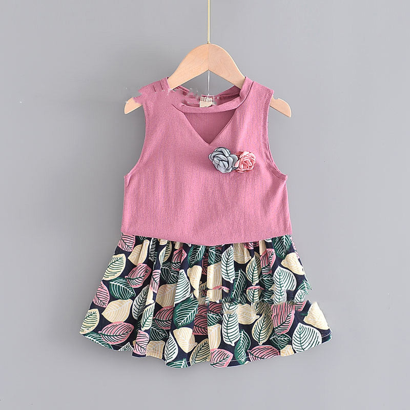 Girls Sleeveless Flower Blouse + Leaf Print Skirt Children Two-Piece Dress