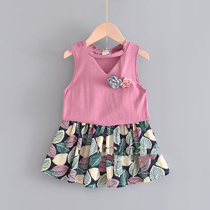 Girls Sleeveless Flower Blouse + Leaf Print Skirt Children Two-Piece Dress