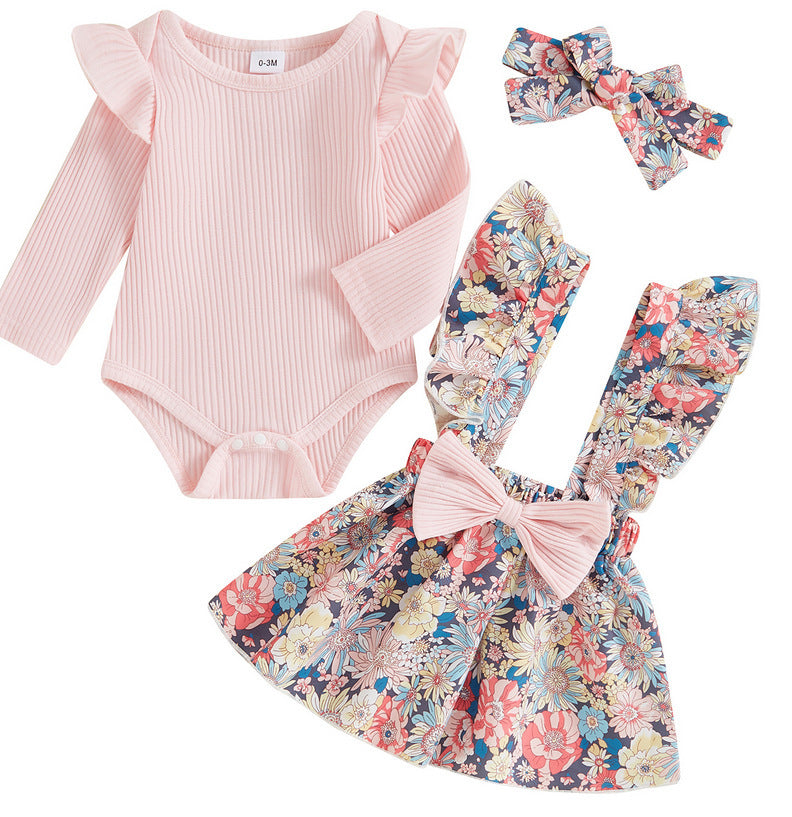 Cross-border Foreign Trade Infant European And American Pastoral Style Simple 3-piece Romper Bow Floral Suspender Skirt