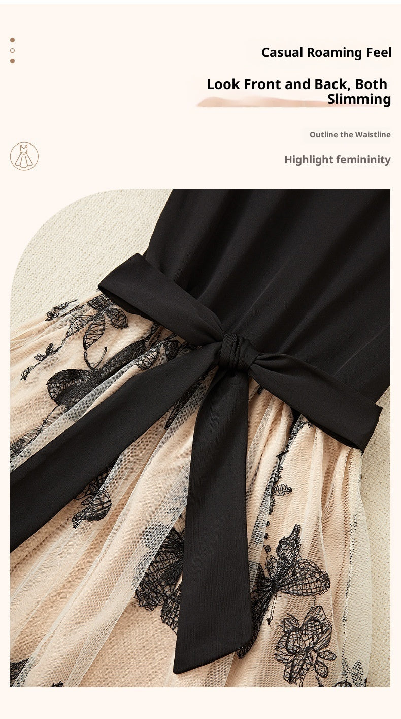 Embroidered Slim Fake Two-Piece Mesh Dress