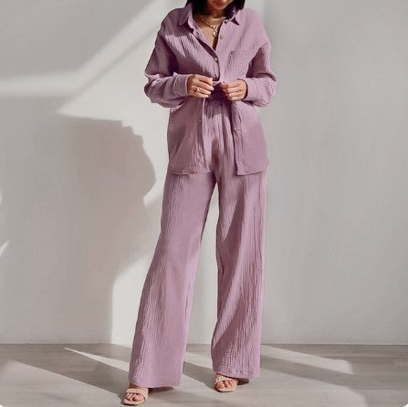 Loose Elastic Wrinkle Long Sleeve Shirt Wide Leg Pants Casual Suit