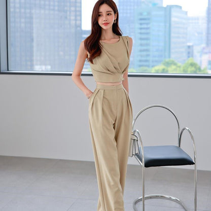 Wide Leg Pants Women's Two Piece Waist Smocked Slim Fit