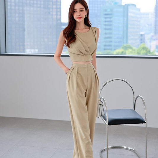 Wide Leg Pants Women's Two Piece Waist Smocked Slim Fit