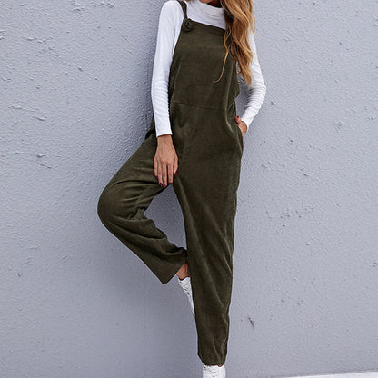 Fall Casual Loose Corduroy Solid Color Strap Ladies Jumpsuit