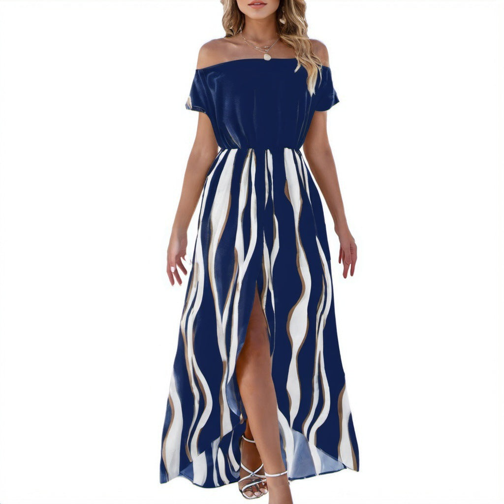 Zebra Pattern Off-the-shoulder Waist Trimming Short-sleeved Shorts Dress