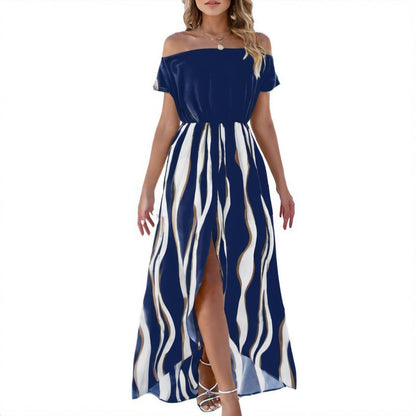 Zebra Pattern Off-the-shoulder Waist Trimming Short-sleeved Shorts Dress