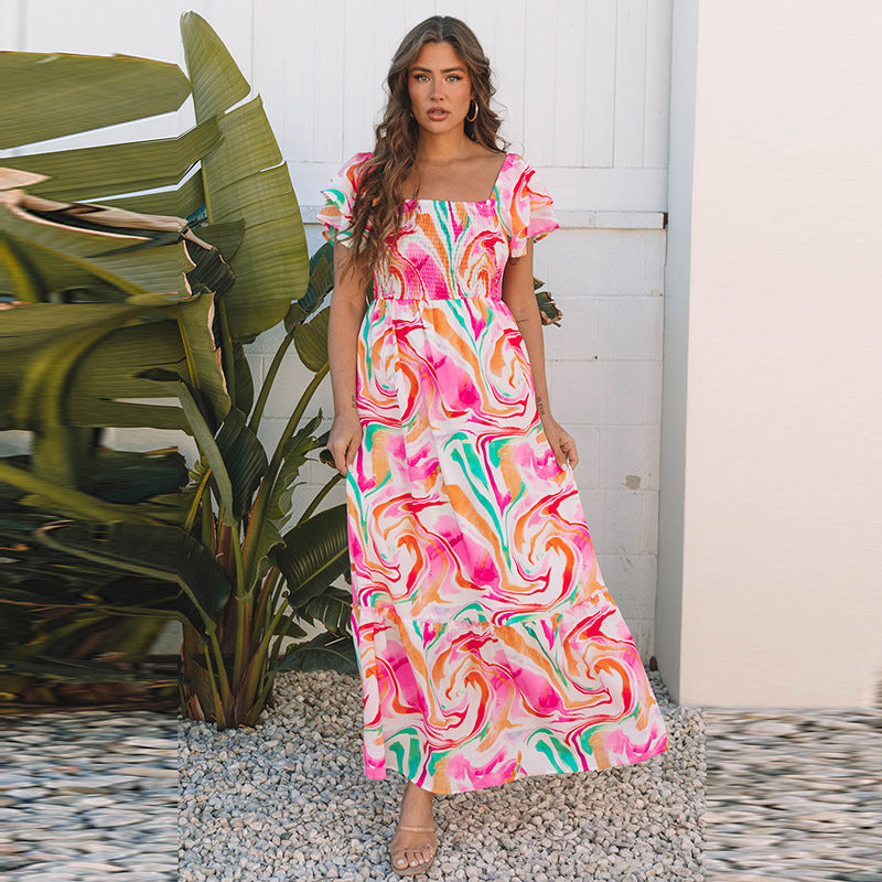 European And American Fashion All-match Abstract Printing High Waist Dress