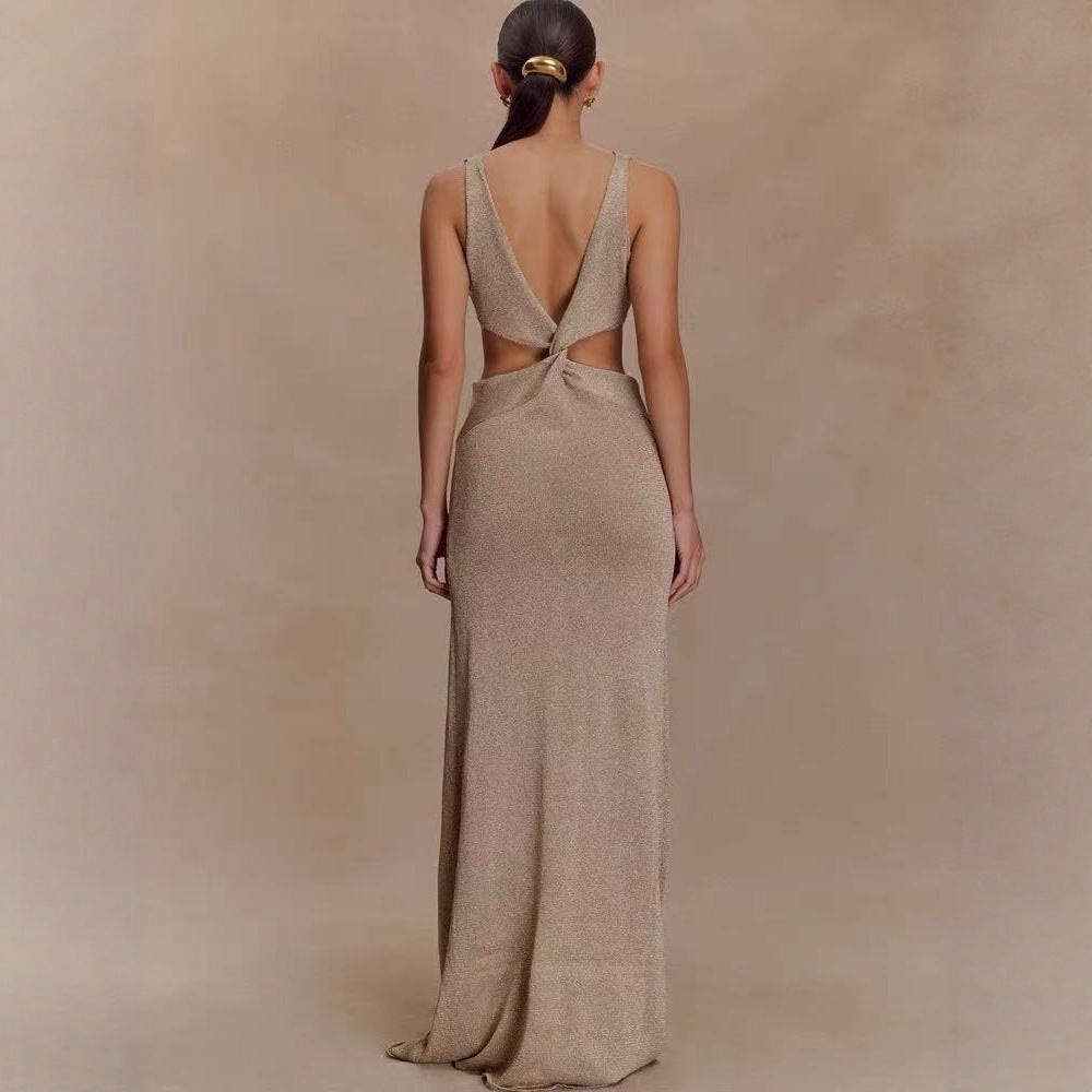 Sexy Twisted Vest Gold And Silver Wire Spring And Summer V-neck Dress